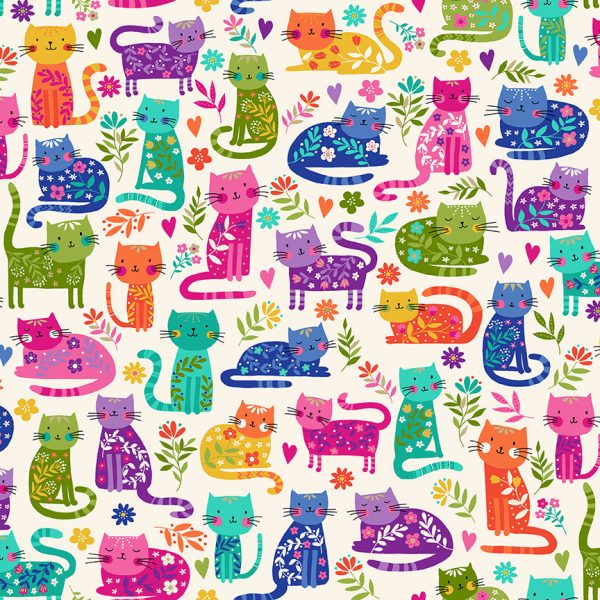 Makower Fabrics Katie's Cats Allover Colourful Cats on Cream