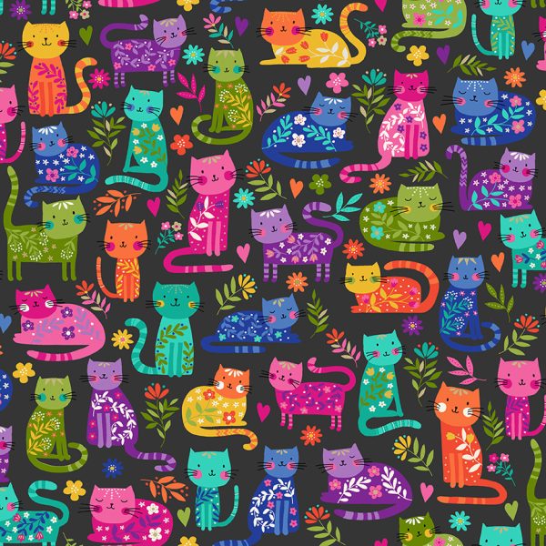 Makower Fabrics Katie's Cats Colourful Allover Cats on Dark Grey