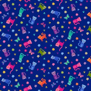 Makower Fabrics Katie's Cats Colourful Scattered Cats on Blue