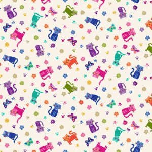 Makower Fabrics Katie's Cats Colourful Scattered Cats on Cream