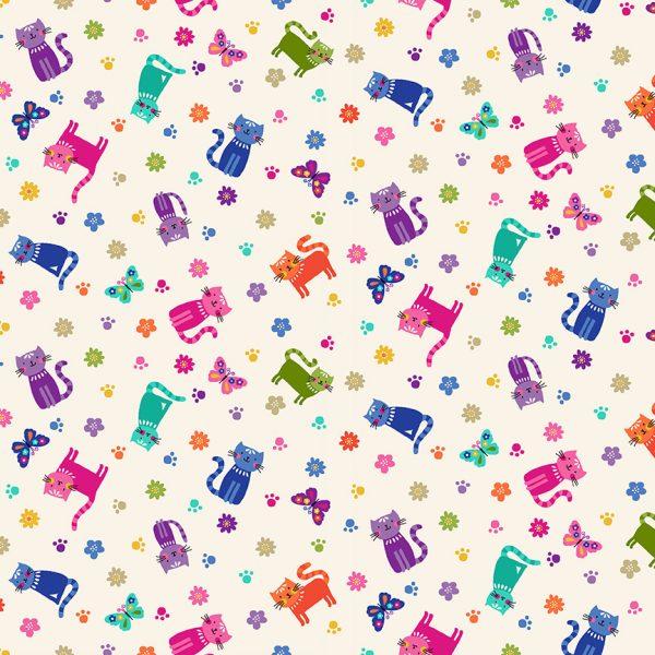 Makower Fabrics Katie's Cats Colourful Scattered Cats on Cream