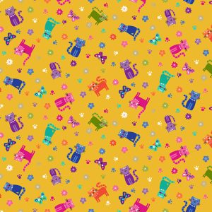 Makower Fabrics Katie's Cats Colourful Scattered Cats on Rich Yellow