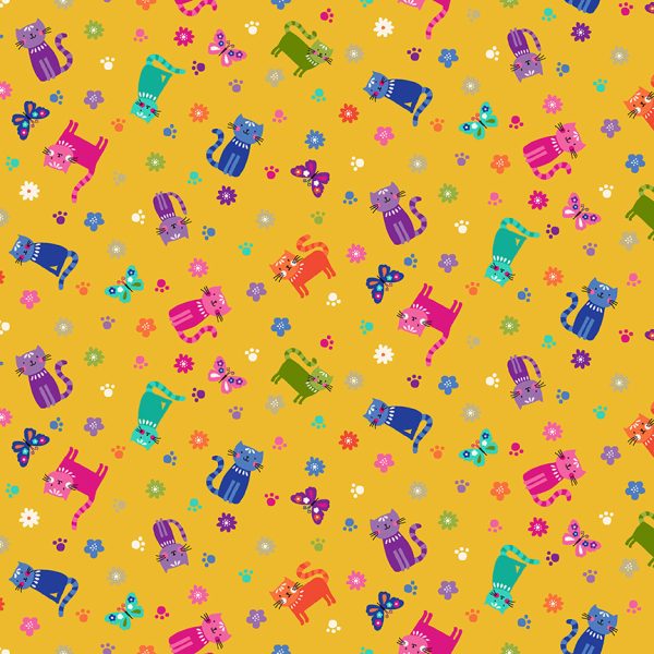 Makower Fabrics Katie's Cats Colourful Scattered Cats on Rich Yellow