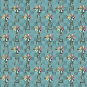 3 Wishes Fabric Shop Hop Colourful Windmills on a Checkered Teal Background