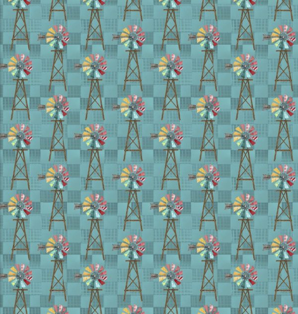 3 Wishes Fabric Shop Hop Colourful Windmills on a Checkered Teal Background