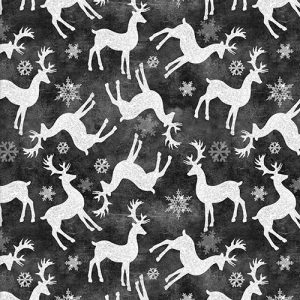 3 Wishes Fabric French Countryside Christmas Reindeer on Charcoal Grey