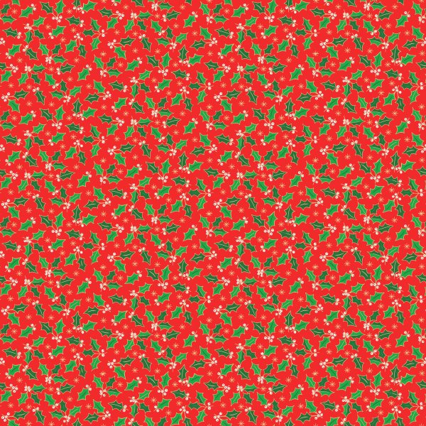 Makower Fabrics Santa's Christmas Holly on Red with Gold Metallic