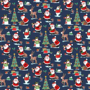 Makower Fabrics Santa's Christmas Scenic on Dark Blue with Gold Metallic