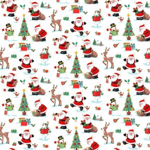 Makower Fabrics Santa's Christmas Scenic on White with Gold Metallic