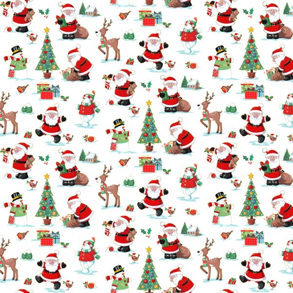 Makower Fabrics Santa's Christmas Scenic on White with Gold Metallic