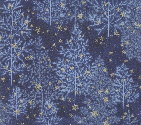 Moda Fabrics Forest Frost Gold Glitter Snowflakes on Pine Trees