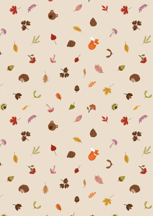 Lewis & Irene Fabrics A Winter Nap Scattered Foliage and Friends on Dark Cream