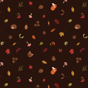 Lewis & Irene Fabrics A Winter Nap Scattered Foliage and Friends on Dark Brown