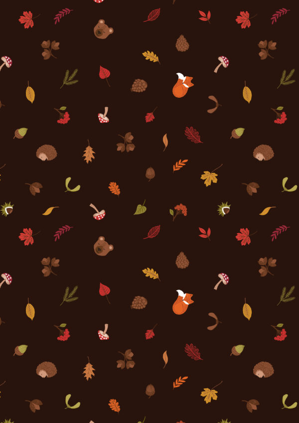 Lewis & Irene Fabrics A Winter Nap Scattered Foliage and Friends on Dark Brown