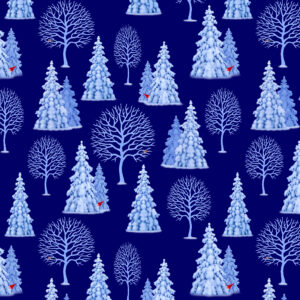 Lewis & Irene Fabrics Tomtens Village Trees on Dark Blue