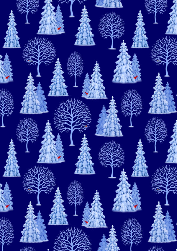 Lewis & Irene Fabrics Tomtens Village Trees on Dark Blue