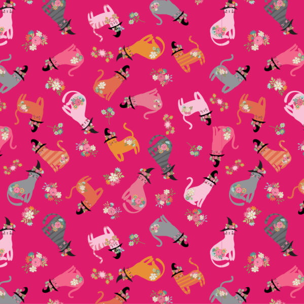 Poppie Cotton Fabric Kitty Loves Candy Cats in Hats on Pink