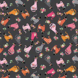 Poppie Cotton Fabric Kitty Loves Candy Cats in Hats on Black