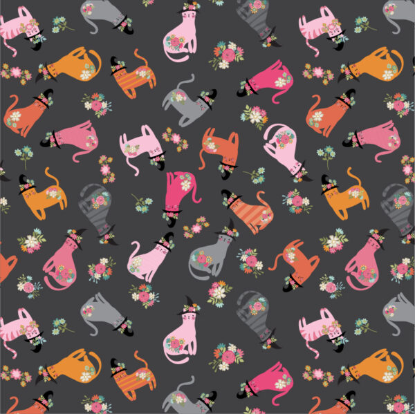 Poppie Cotton Fabric Kitty Loves Candy Cats in Hats on Black