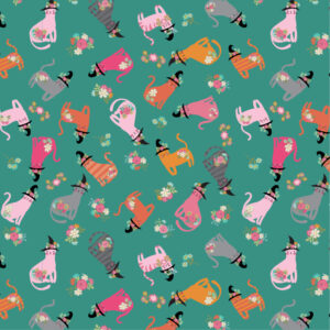 Poppie Cotton Fabric Kitty Loves Candy Cats in Hats on Teal