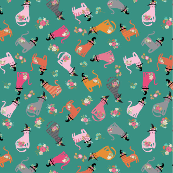 Poppie Cotton Fabric Kitty Loves Candy Cats in Hats on Teal