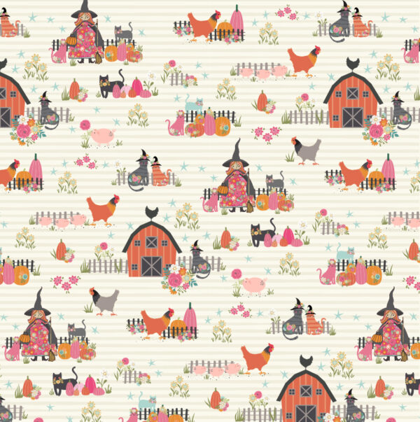 Poppie Cotton Fabric Kitty Loves Candy the Good Witch on White