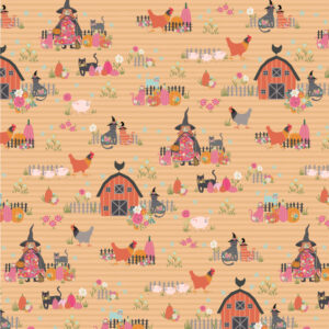 Poppie Cotton Fabric Kitty Loves Candy the Good Witch on Orange