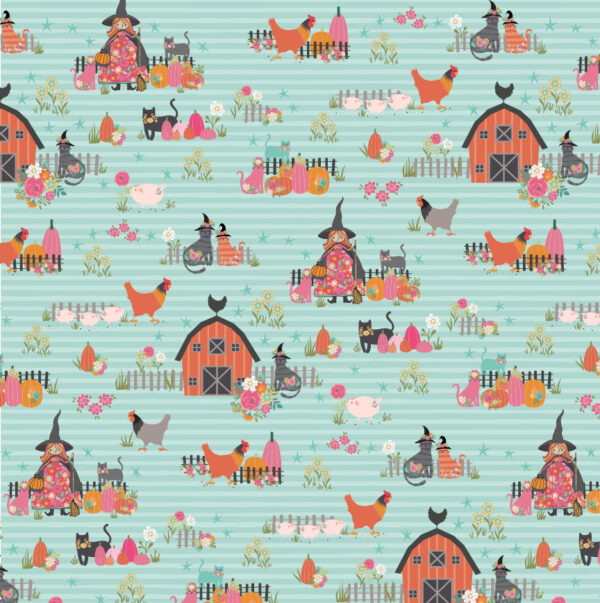 Poppie Cotton Fabric Kitty Loves Candy the Good Witch on Teal